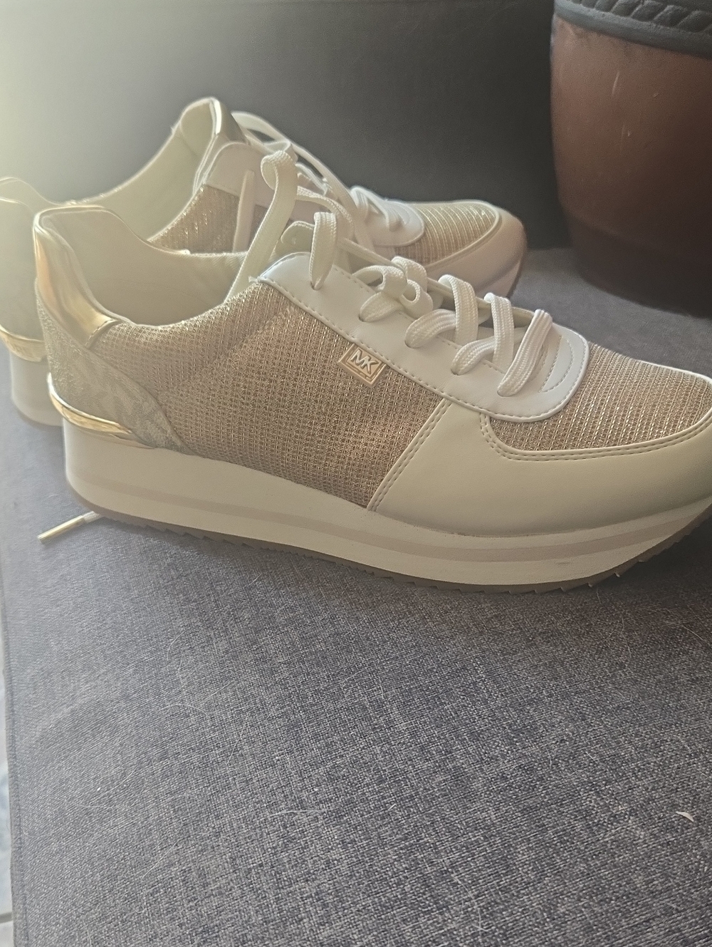 Michael Kors Cream and Gold Platform Knit-Panel Sneaker